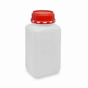 Vierkante HDPE-fles 1 L, gegradueerd, 55mm rode verzegelde dop met prop, niet gemonteerd