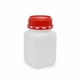Vierkante fles HDPE 500ml, gegradueerd, rode verzegelde dop, niet gemonteerd