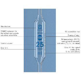 volumepipetten glas Blaubrand, klasse AS, 1 merkstreep, blauwe markering